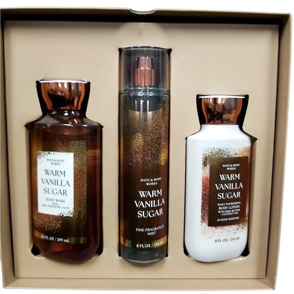 Bath‎ and Body Works Warm Vanilla Sugar 3pc Gift Set Feliz Navidad Holiday Bag